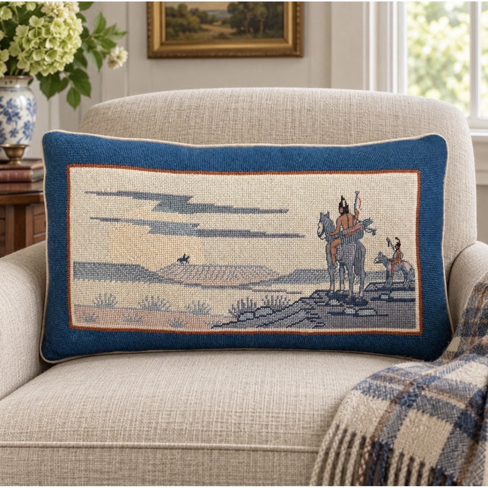 Vintage Handmade Needlepoint Pillow Asian Equestrian 22" Lumbar Velvet Wool